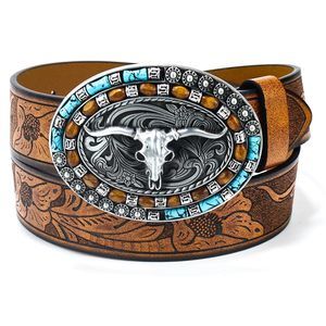 Western-cowboy-leather-belts For Women Turquoise-oval-buckle Embossed Cowgirl🐟